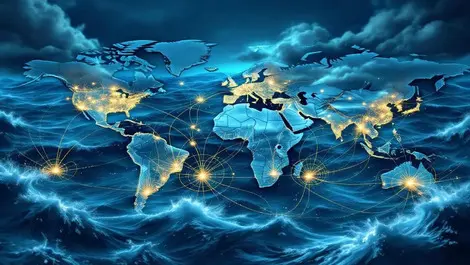 World map undersea internet cables damage stormy seas disruption