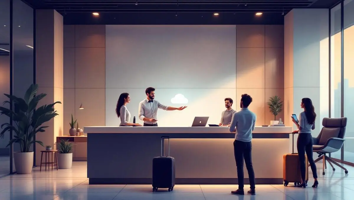Modern european hotel front desk cloud tech integration lobby