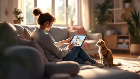 Warm modern living room person reaching to digital pet tablet cat