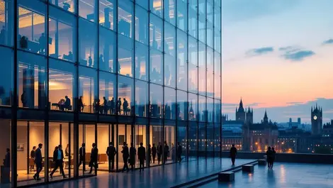 London financial district glass office fintech launch at dusk