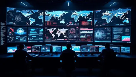 Modern soc dark room analysts monitors world maps network threats