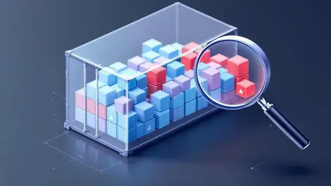 Transparent container with cubes and magnifying glass security scan