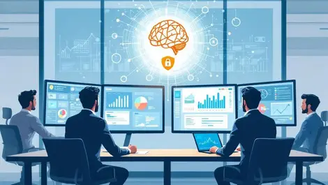 Secure ai auditing team reviewing complex data charts in office