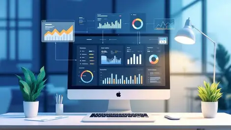 Sales dashboard laptop with connected business apps data streams