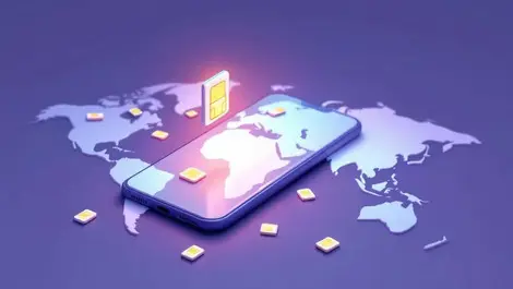 3d phone on world map with sim cards and glowing esim chip icon