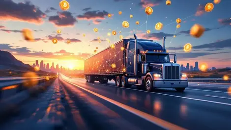 Freight truck blockchain cubes golden coin payments sunset highway