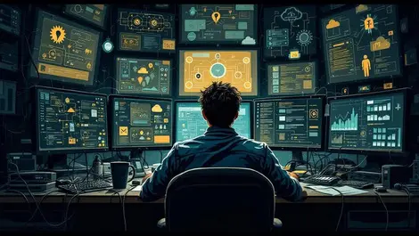 Overworked sysadmin hybrid it sprawl tangled cables dark monitors