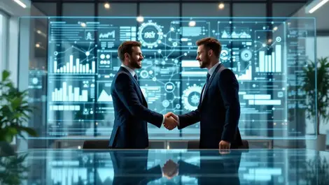 Modern bank office digital lending handshake automation scene