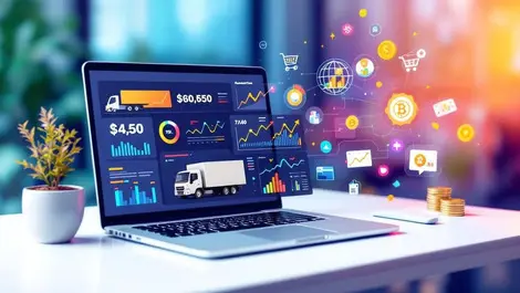 Modern laptop analytics ecommerce logistics finance icons scene