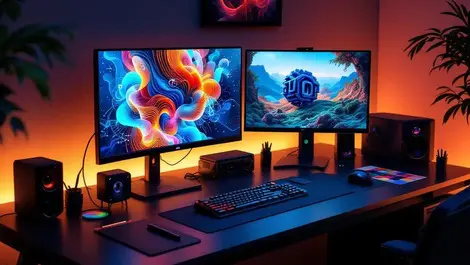 3d creative studio desk dual monitors generative art 3d model