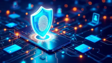 Glowing fintech network shield smartphone fingerprint security