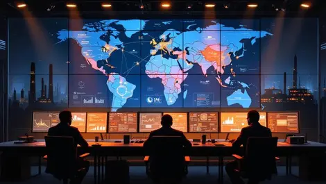 Cyber ops center iran vs west global threat map oil refinery silhouette