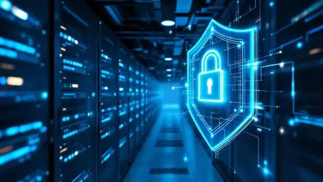 Sleek enterprise datacenter servers shielded secure blue glow